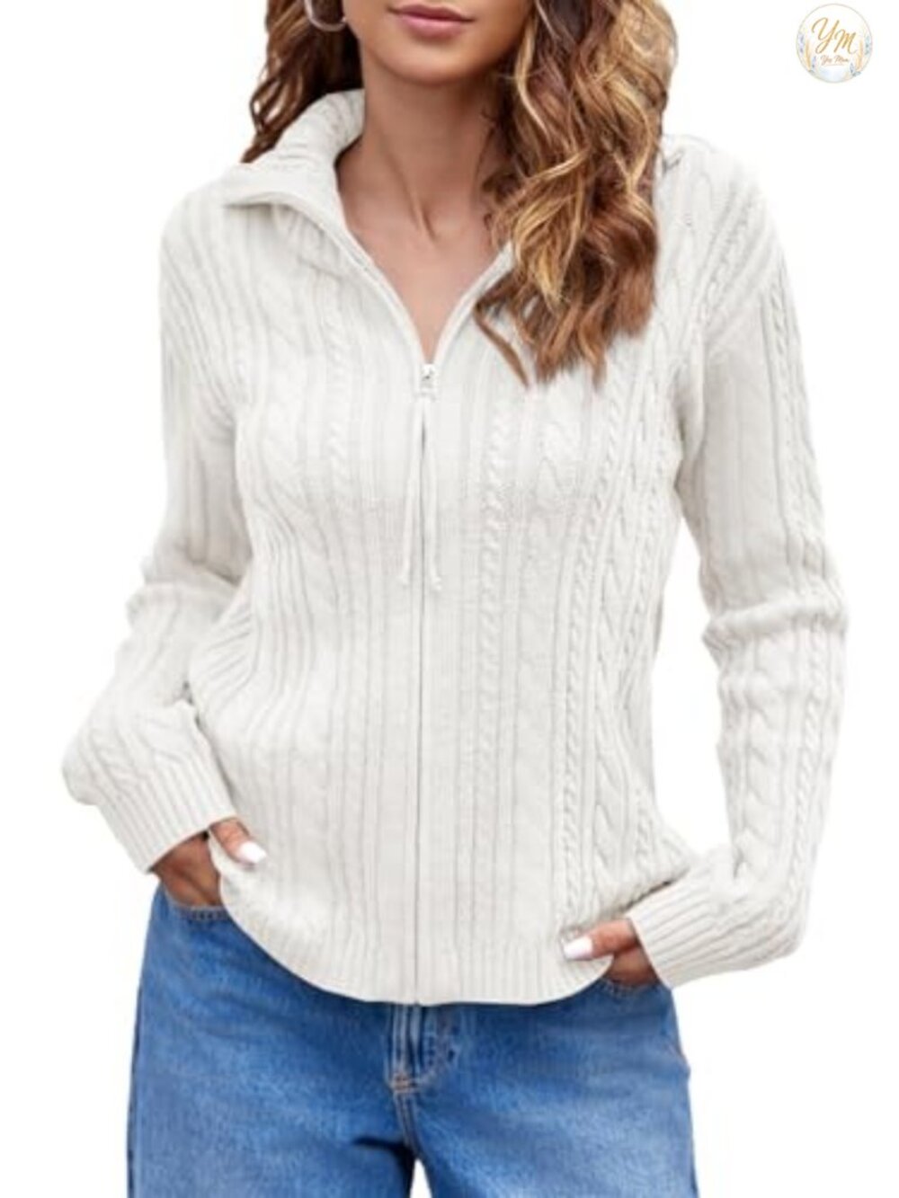 Cable Knit Zip Up Cardigan Collared Long Sleeve Loose Fit Vintage Sweater